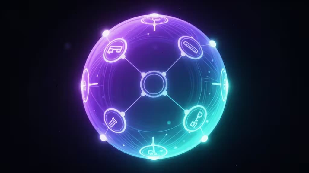 Glowing purple-blue sphere with interconnected nodes and crypto symbols floats against dark space, symbolizing Solana staking and DeFi security.