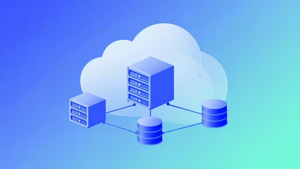 Isometric blue servers and databases connect beneath a translucent cloud on a gradient background.