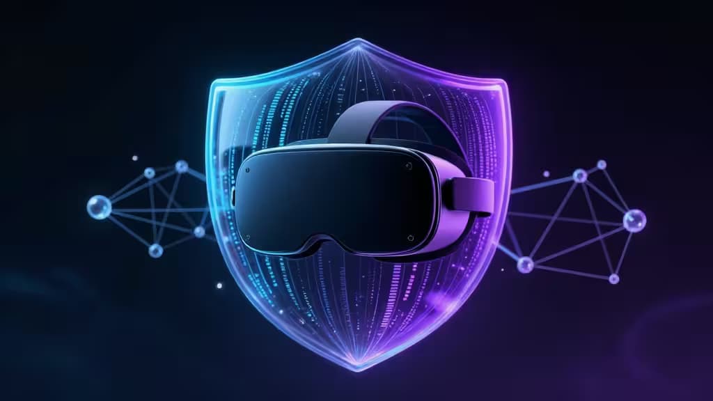 Un casque VR élégant flotte à l'intérieur d'un bouclier lumineux bleu-violet, entouré de nœuds de réseau numériques, symbolisant le streaming sécurisé et privé sur visionOS.