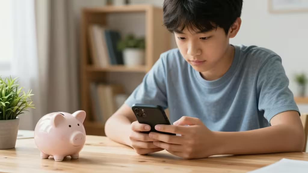 Teen boy uses smartphone beside pink piggy bank on wooden table.