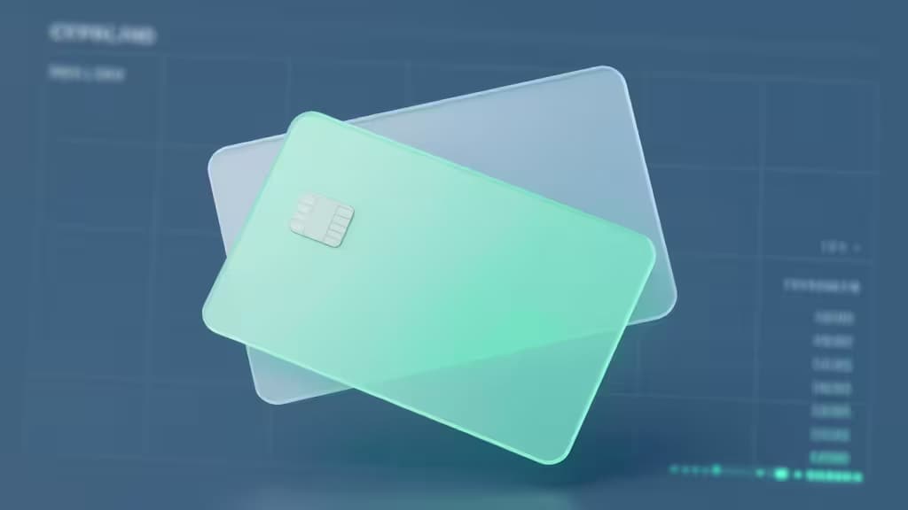 Due carte di credito virtuali traslucide fluttuano sopra un'interfaccia dashboard finanziaria digitale.