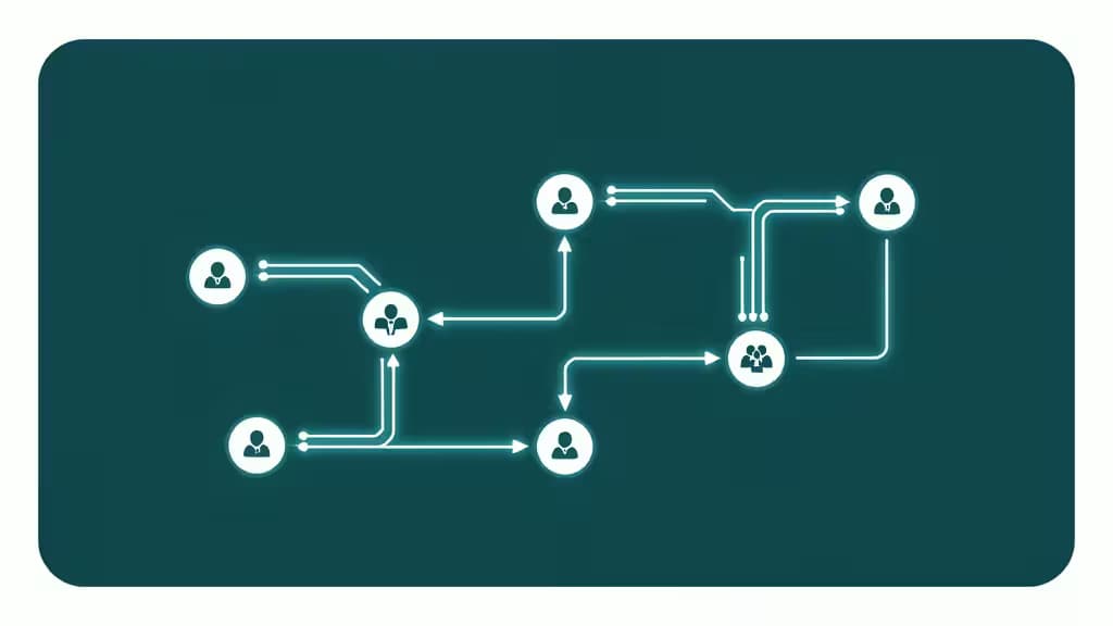 Glowing white user icons connect via luminous circuit lines across a dark teal background, visualizing automated team workflows.