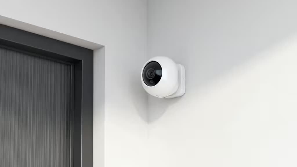 Una telecamera di sicurezza smart bianca montata su una parete accanto a una porta d'ingresso.