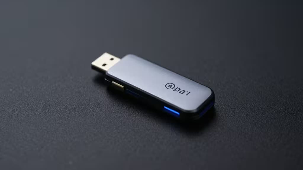 Серебристый USB-C ключ безопасности YubiKey на тёмной текстурированной поверхности с голубой подсветкой