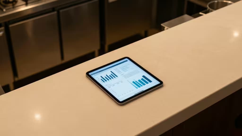 Overhead view of a restaurant kitchen counter with a digital tablet displaying financial charts and graphs in warm ambient lighting