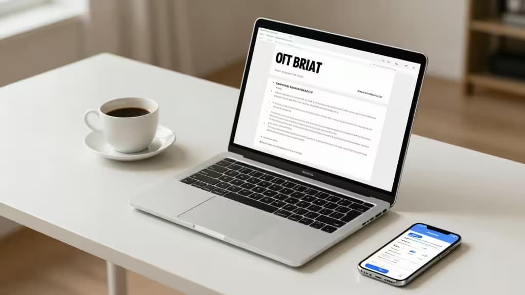 Laptop displays 'OFT BRIAT' document beside coffee cup and smartphone on white desk.