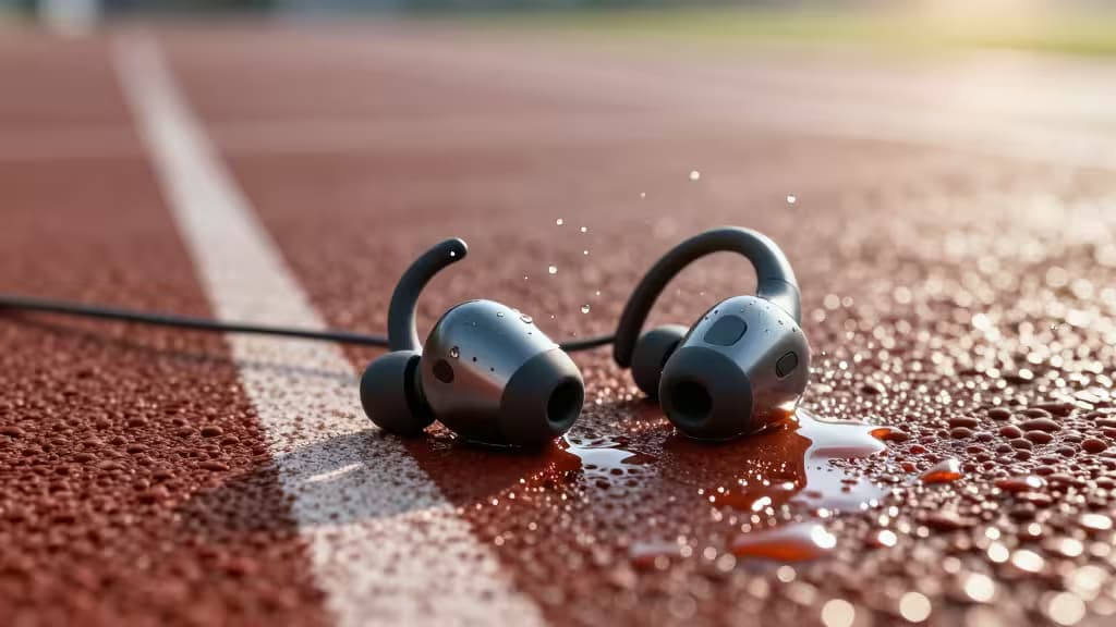 Sleek wireless sport earbuds with ear hooks resting on a wet running track with water droplets, photographed in dramatic morning light