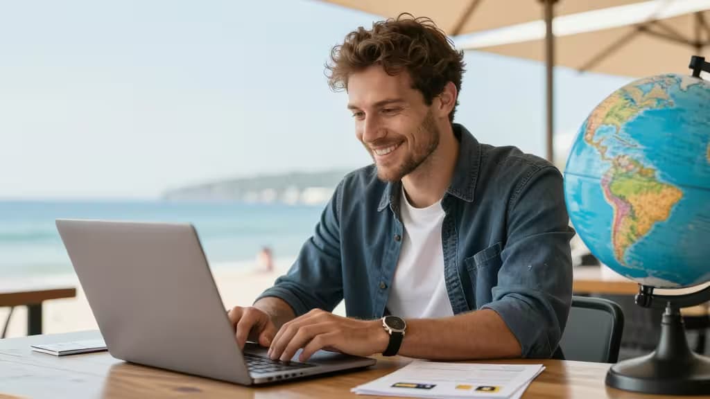 Homme souriant tapant sur un ordinateur portable à une table en bord de mer avec un globe à proximité.