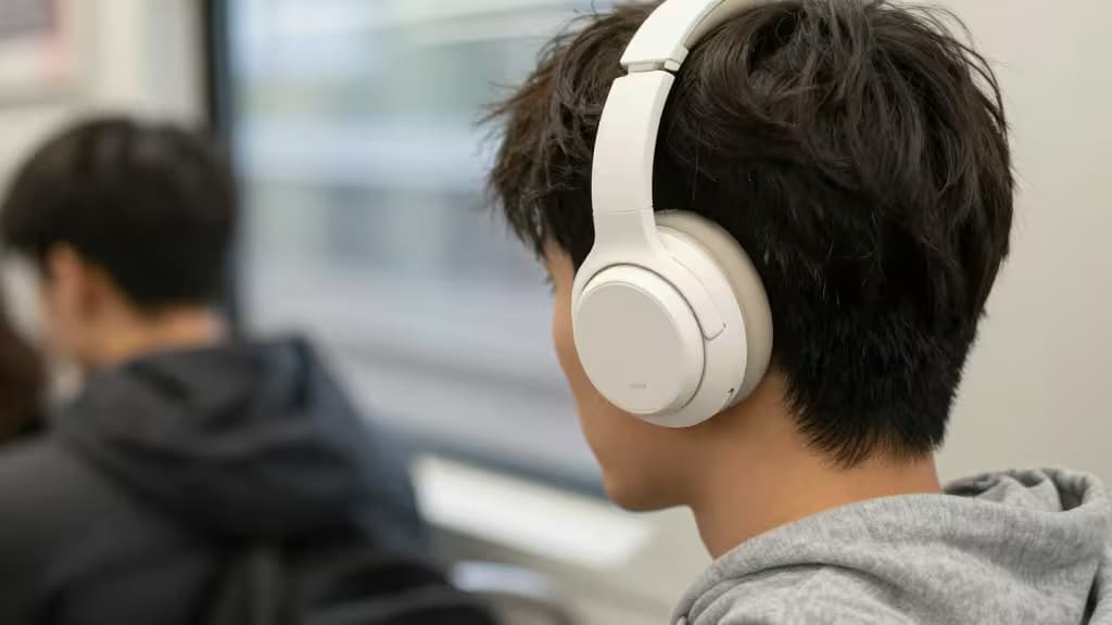 Una persona viajando en tren con auriculares blancos de diadema, relajada y concentrada en su música mientras el vagón se desplaza.