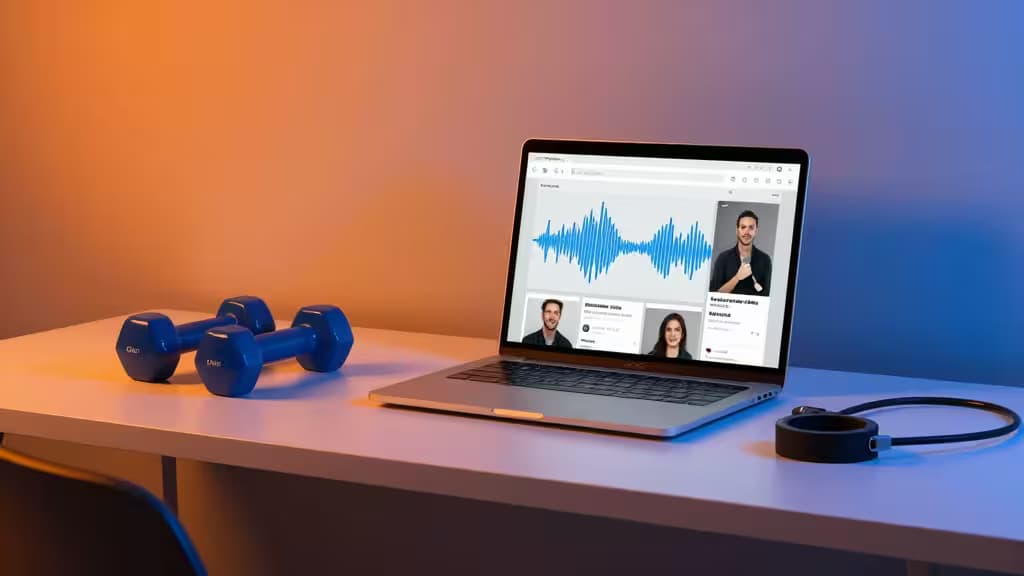 Blue dumbbells and a laptop displaying audio waveforms and social media content sit on a white desk under warm and cool lighting.