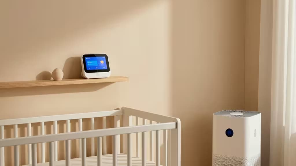 A white crib, wooden shelf with smart display, and air purifier create a serene nursery for baby monitoring and safety.