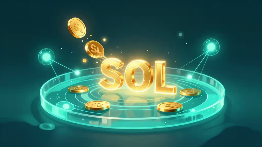 Glowing golden SOL tokens float above a translucent teal platform, connected by luminous nodes symbolizing validator networks in liquid staking.