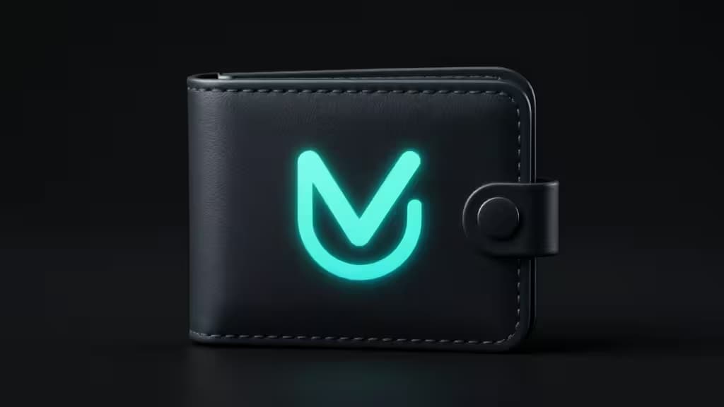 Стильный чёрный кошелёк с светящимся бирюзовым логотипом Monero на тёмном фоне