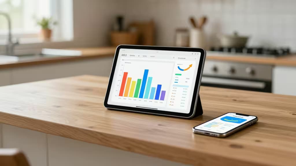 Een warme keukenscene met een tablet en smartphone op het aanrecht waarop kleurrijke budgetgrafieken en spaardoelen te zien zijn.
