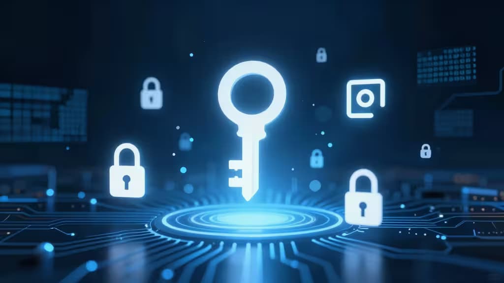 Glowing key icon surrounded by padlocks on a circuit board, symbolizing secure API key management.
