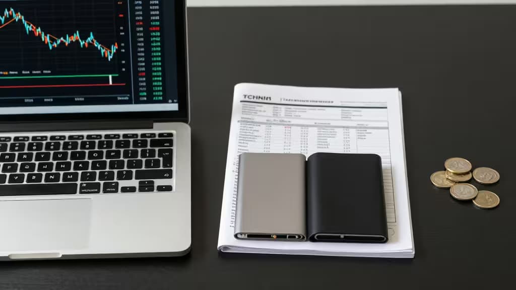 Laptop, portfele kryptowalutowe, monety i dokumenty podatkowe na biurku.