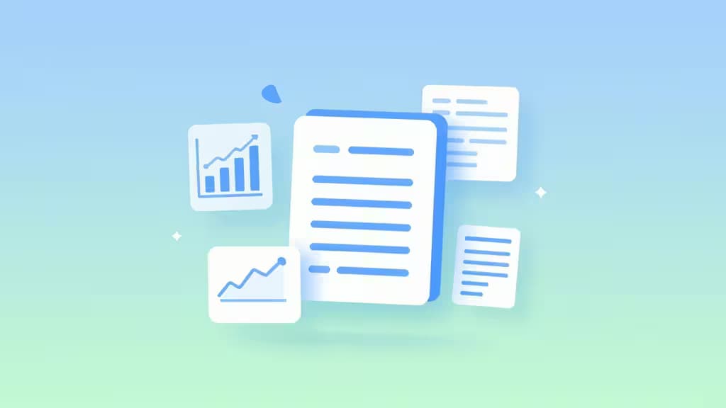 Floating documents and charts illustrate AI bookkeeping software's automated transaction categorization for small businesses.
