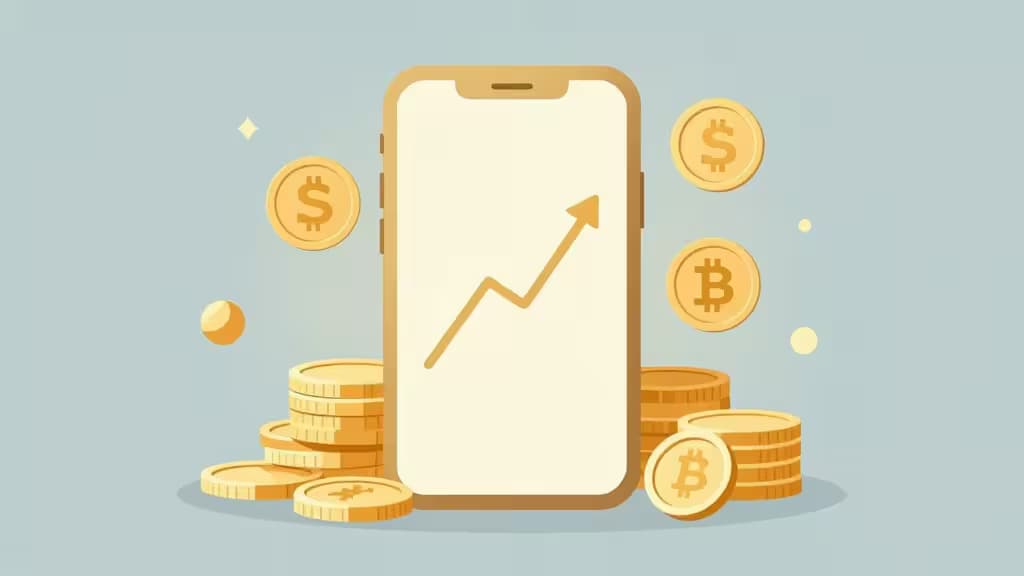 Gold coins surround a smartphone displaying an upward-trending graph, symbolizing accessible crypto growth for seniors.