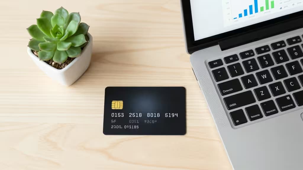 Black credit card, silver laptop, green succulent on light wood desk.