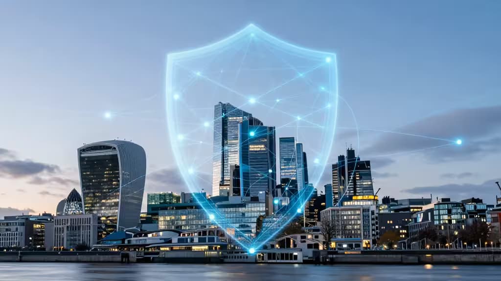 London skyline at dusk, overlaid with glowing blue digital shield and network lines.