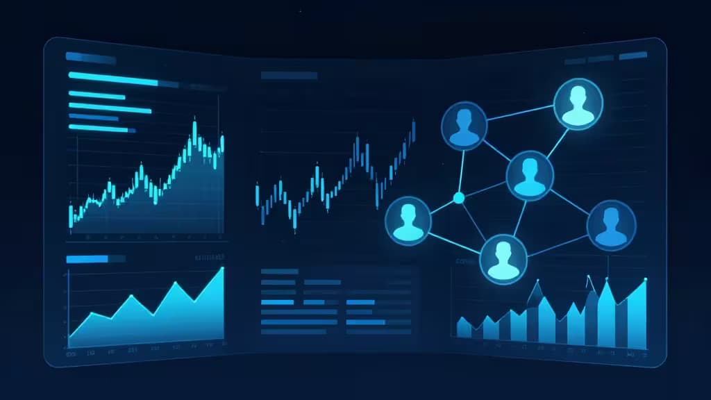 Abstract dashboard with glowing data streams, financial charts, and network nodes representing competitive intelligence analysis.