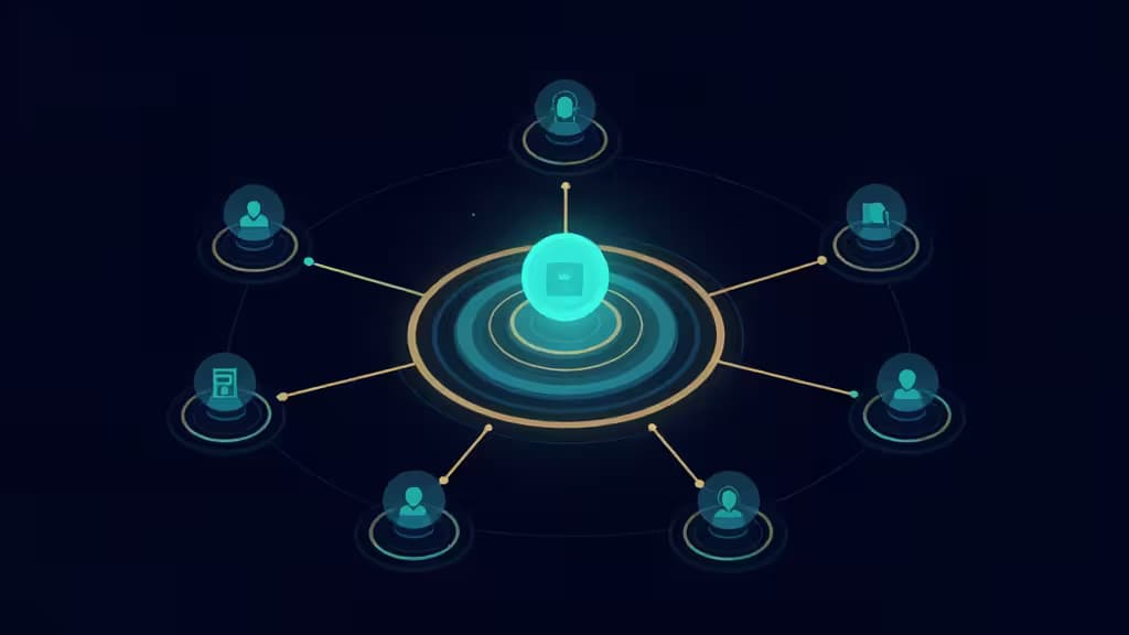 Glowing cyan hub connects seven peripheral service nodes via golden lines on dark blue background.