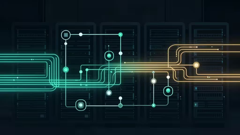 Glowing teal and gold circuit lines flow through dark server racks, symbolizing automated data pipelines in a self-hosted developer infrastructure.