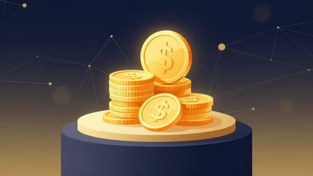 Glowing gold dollar coins stack atop a blue pedestal against a networked dark background, symbolizing stablecoin yield growth in 2026 DeFi and CeFi platforms.