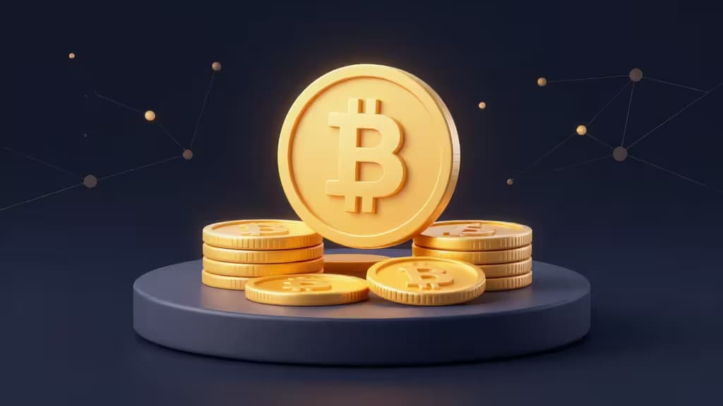 Abstrakcyjna kompozycja przedstawiająca złote monety na cokole z siecią węzłów blockchain w tle, ciemnogranatowe tło z miękkim oświetleniem