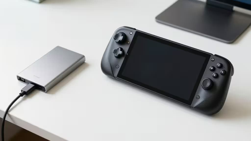 A black Steam Deck rests on a white desk, connected via USB-C to a silver portable SSD.