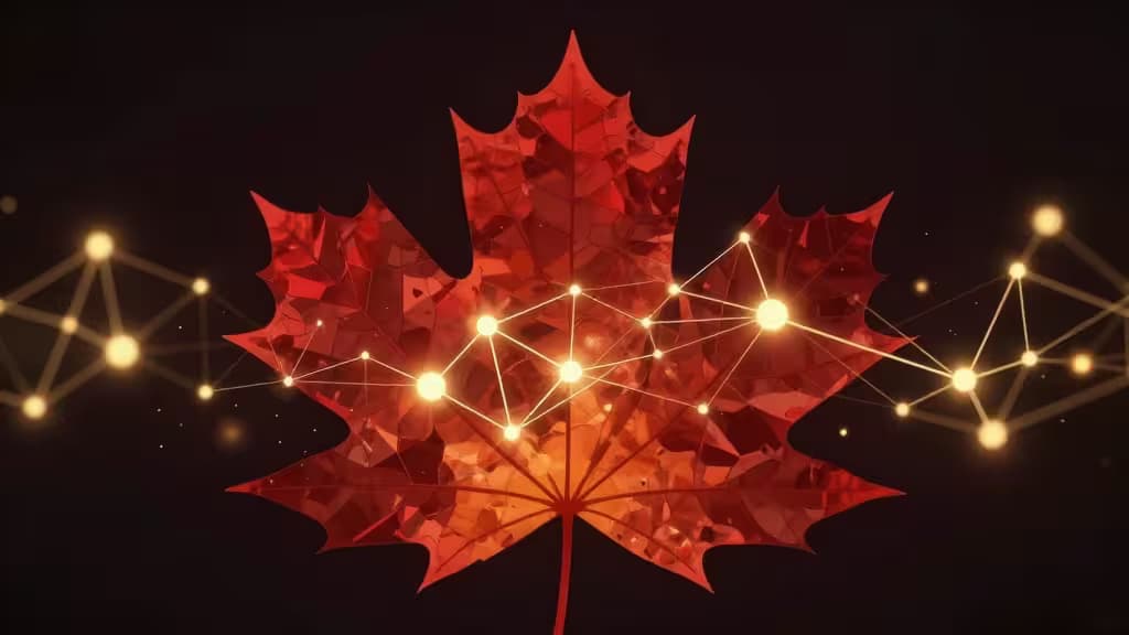 Une feuille d'érable rouge lumineuse superposée à des nœuds et lignes de blockchain dorés, symbolisant les plateformes crypto canadiennes en 2026.