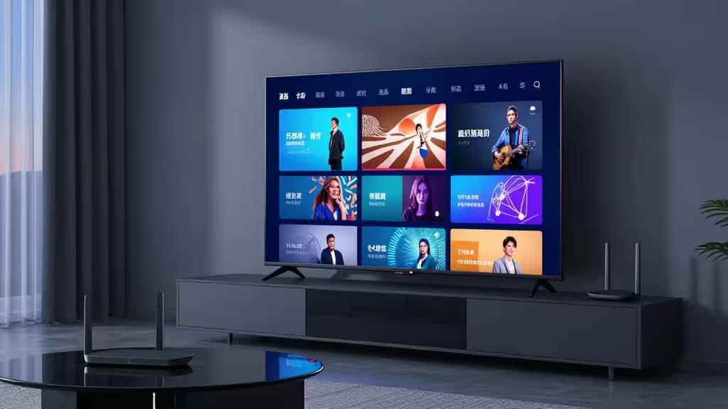 Modern TV displays streaming interface with global content tiles, flanked by routers.