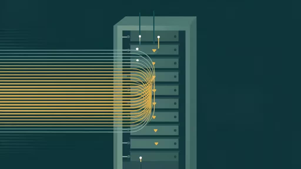 Żółte strumienie danych wpadają do ciemnozielonego racka serwerowego, ilustrując wydajny ingestion logów dla tanich alternatyw Elasticsearch.