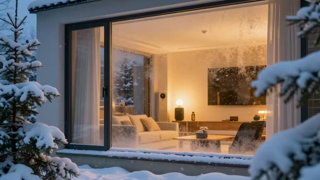 Casa moderna com interior iluminado, janelas cobertas de neve e dispositivos inteligentes visíveis no interior.