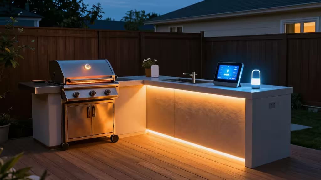 Een moderne buitenkeuken bij schemering met een gloeiende grill, warme LED-verlichting langs een houten terras en een slim display op het aanrecht