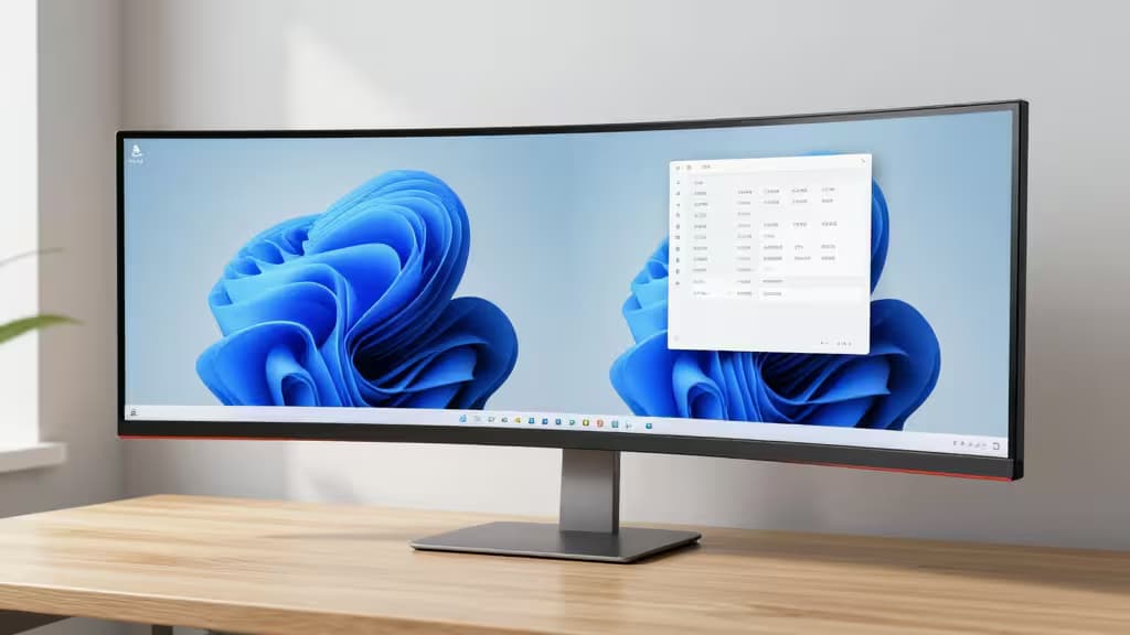 Curved ultrawide monitor with thin bezels sits on wooden desk, displaying Windows 11 interface.