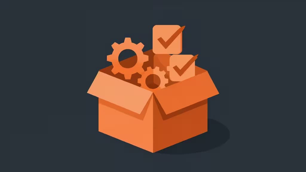 Abstract illustration of Rust testing workflow with a cargo crate, gears, and checkmarks in dark orange and charcoal tones