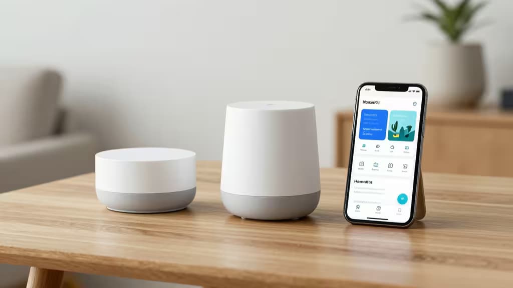 Два белых умных устройства и iPhone с интерфейсом HomeKit на деревянном столе