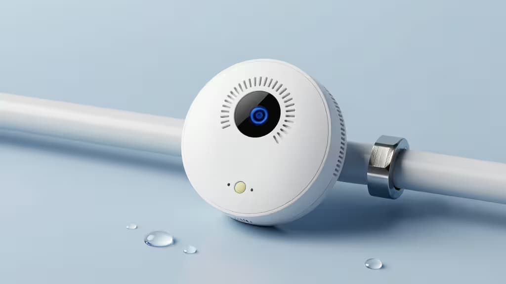 Détecteur de fuites d'eau intelligent blanc et circulaire avec capteur bleu posé près d'un tuyau blanc avec gouttelettes d'eau sur une surface bleu clair.