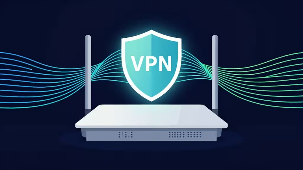 Glowing VPN shield hovers above sleek white router, flanked by flowing blue-green data streams against dark background.