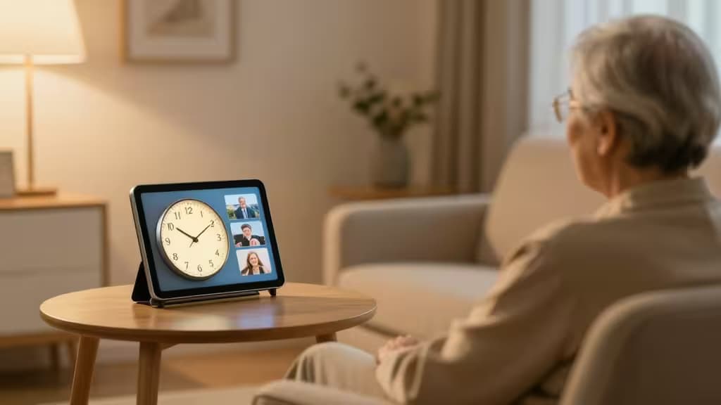 An elderly person sits calmly beside a wooden table holding a smart display showing a clock and video calls.