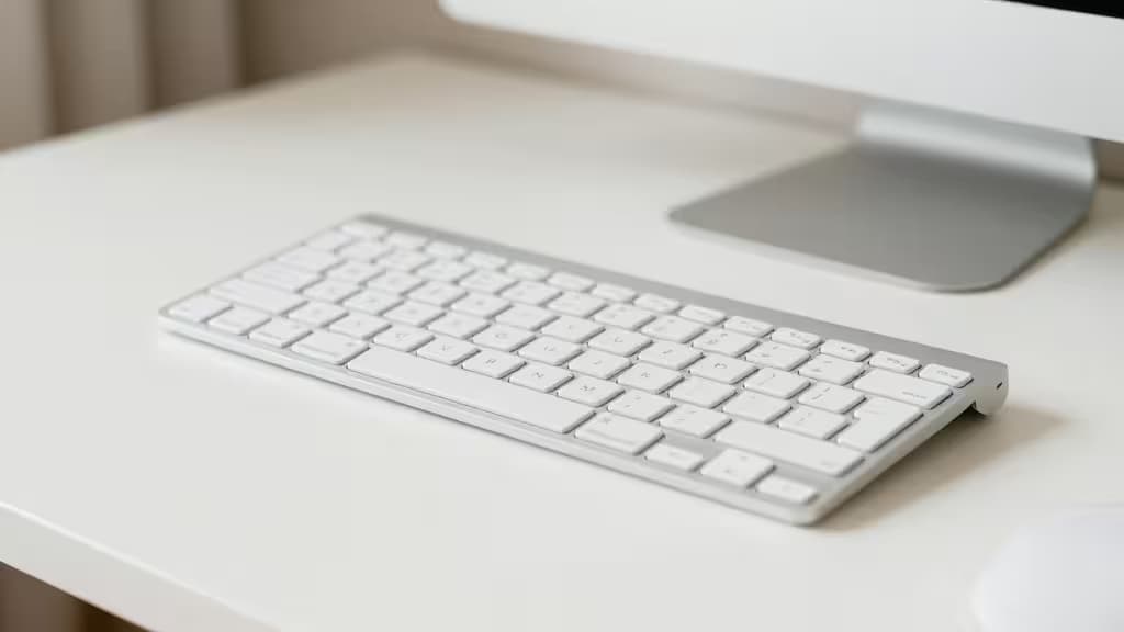 A sleek white wireless keyboard rests on a minimalist desk beside a monitor base.