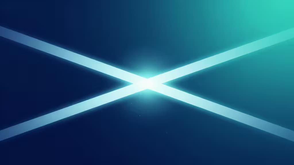 Glowing cyan light beams intersect on a dark blue gradient background, symbolizing AI-driven A/B testing pathways for marketers.