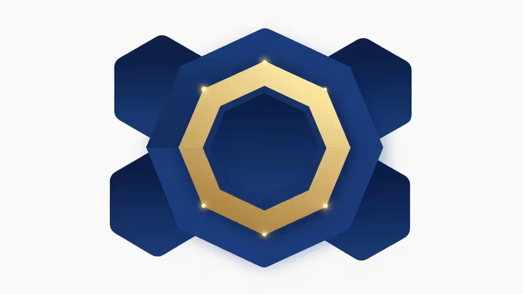 A golden hexagon with glowing nodes sits atop layered blue hexagons, symbolizing crypto staking rewards.
