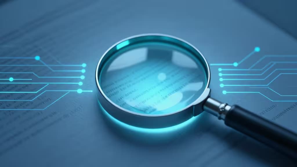 Magnifying glass hovers over glowing digital text, symbolizing AI plagiarism detection tools.