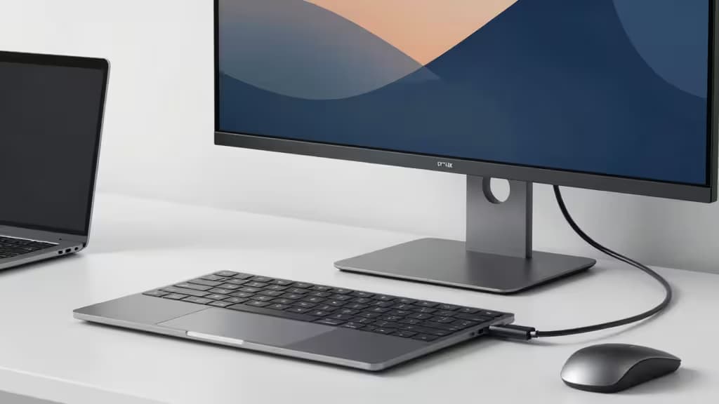Ordinateur portable argenté connecté via un seul câble USB-C à un moniteur noir élégant sur un bureau blanc, illustrant un espace de travail minimaliste.