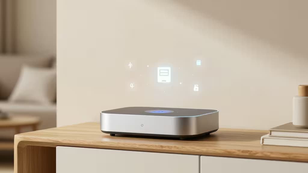 Aqara M3 hub on wooden table, displaying holographic icons for smart home control.