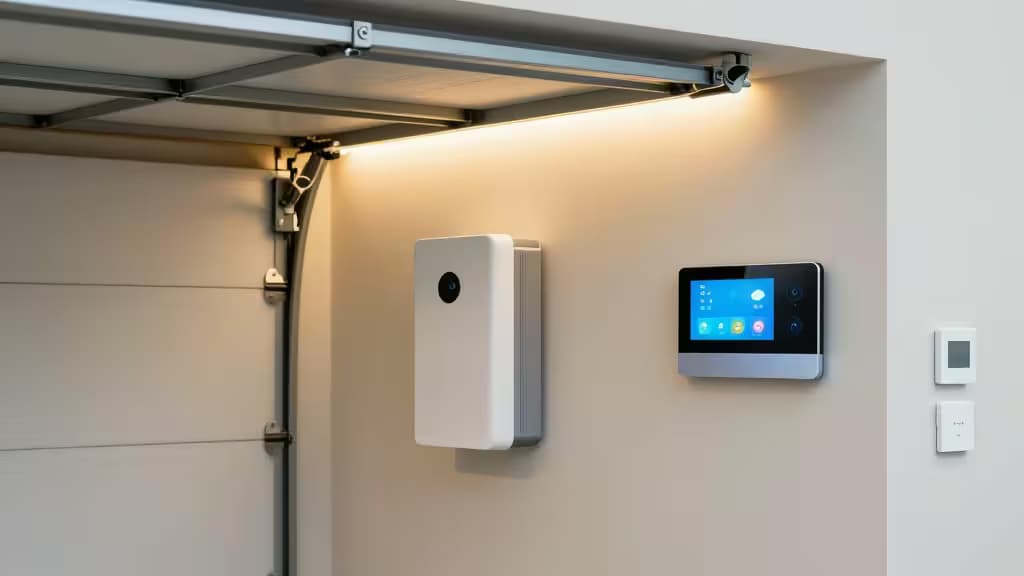 White smart control panel and air purifier mounted on beige wall under garage door track.