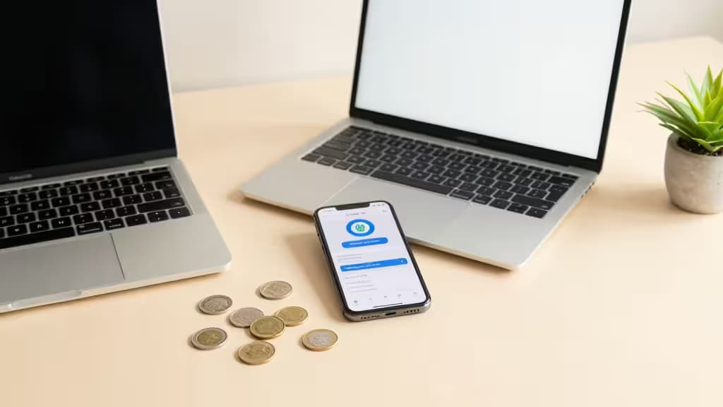 Silver laptops flank a smartphone displaying a banking app, surrounded by scattered coins on a light wooden desk beside a small potted succulent.