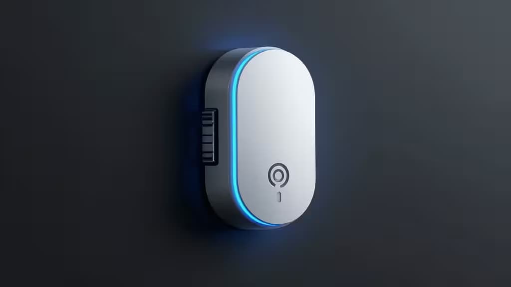 Abridor de garaje inteligente blanco con anillo LED azul brillante y símbolo WiFi, montado en pared oscura.
